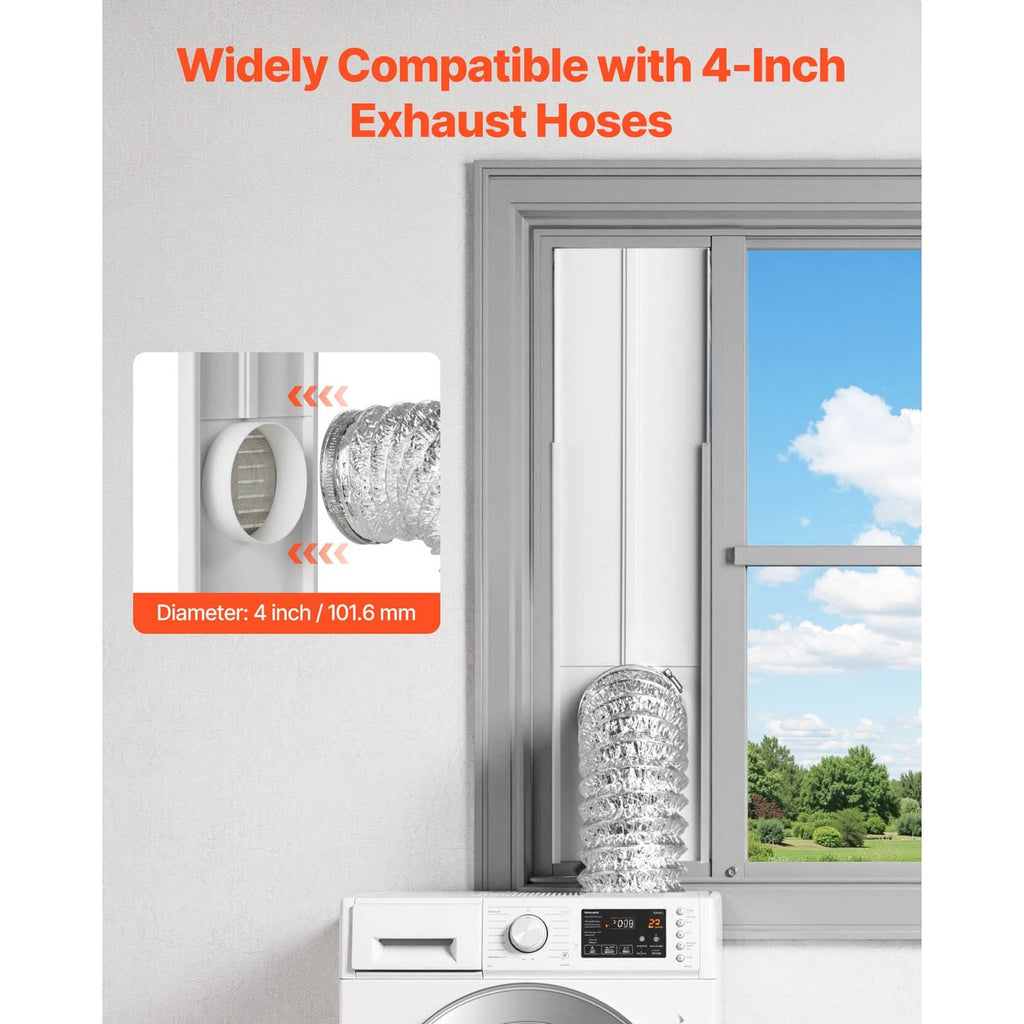 Dryer vent window kit installed in sliding window with 4-inch exhaust hose