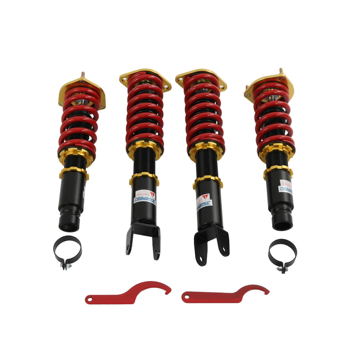 Four-piece coilover set with red spring coils, black dampers, gold brackets and bushings