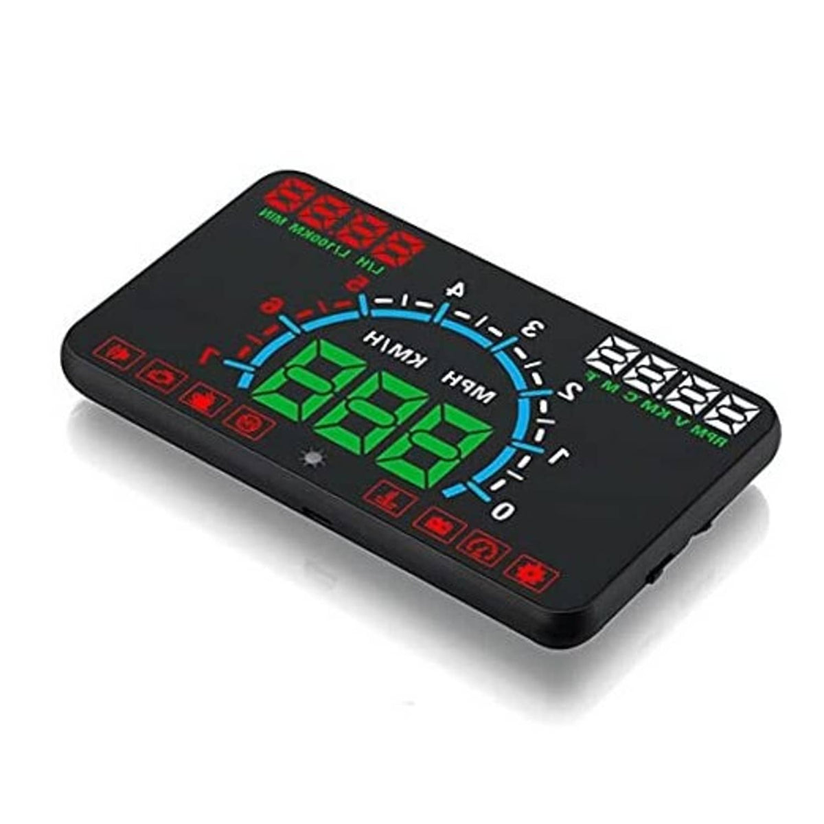 Black car HUD speed display module with green digital numbers and colorful gauge icons