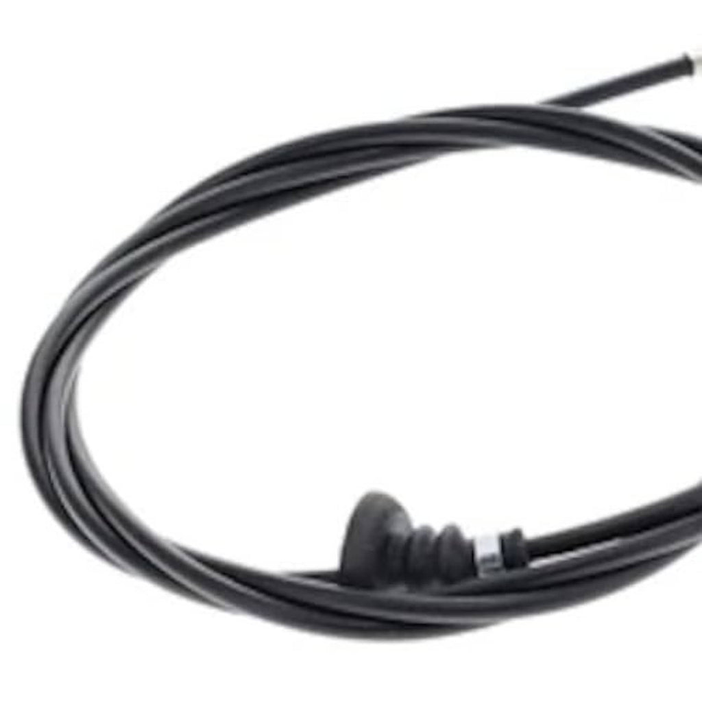 Close-up of black hood release cable loop with plastic grommet and cable routing clips.