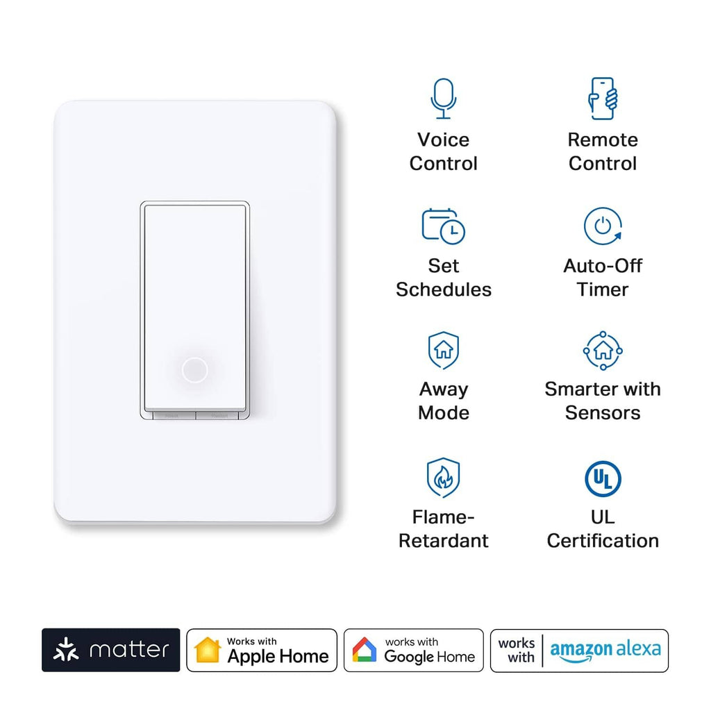 White smart light switch with single rocker, wall plate design