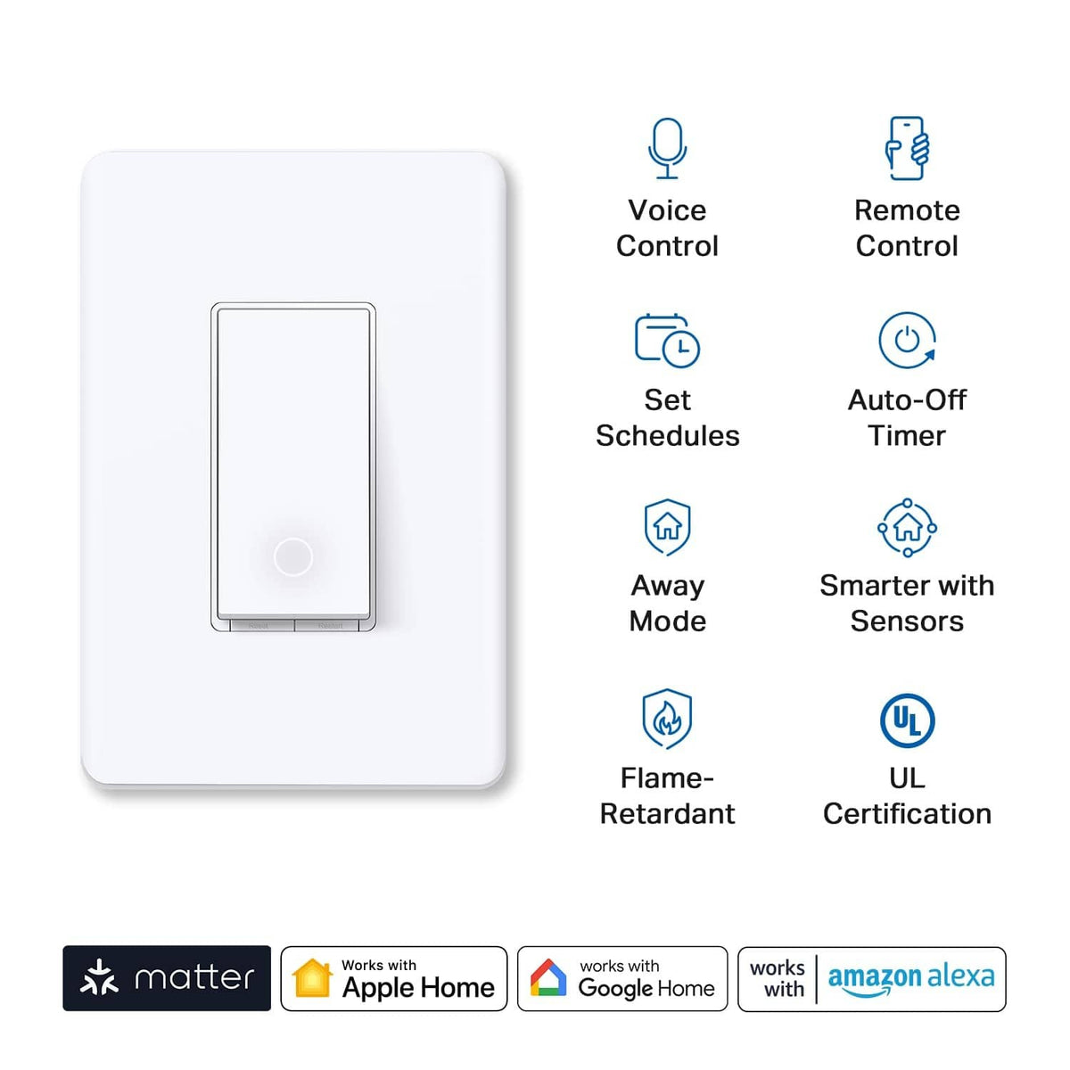 White smart light switch with single rocker, wall plate design