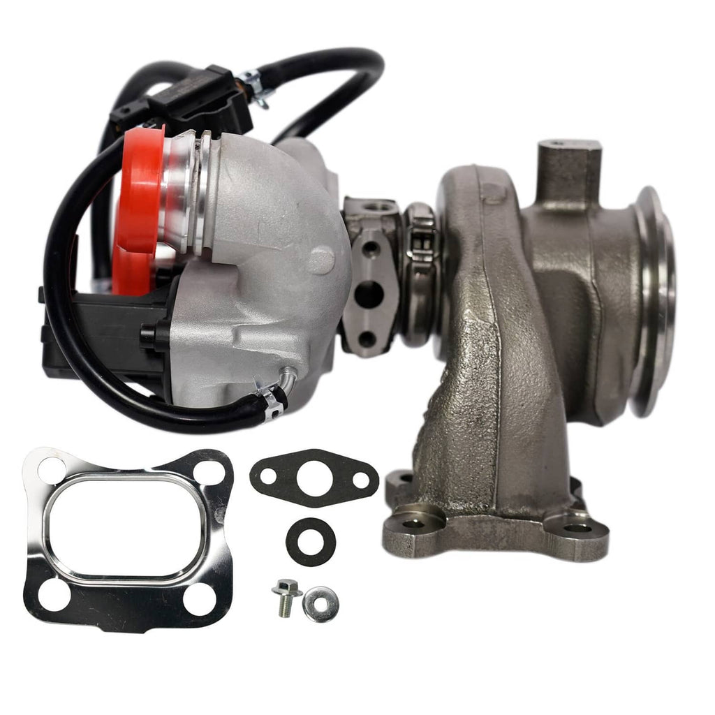 Turbocharger close side view with red cap, black hoses, and gasket set