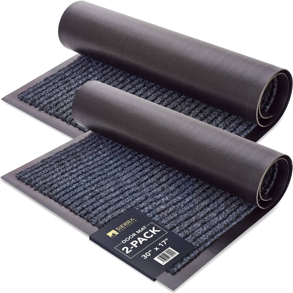 Steel gray entry door mat, ribbed texture with dark PVC backing, shown as a 2-pack