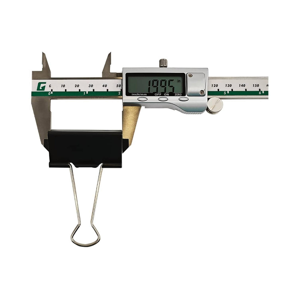 Large black binder clip with metal wire legs, measured with a vernier caliper