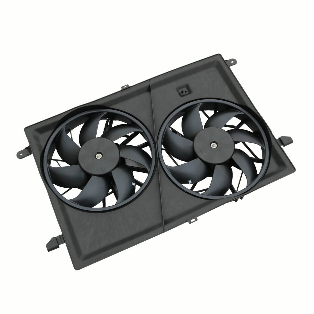 Dual radiator cooling fan assembly with two black fans in rectangular frame