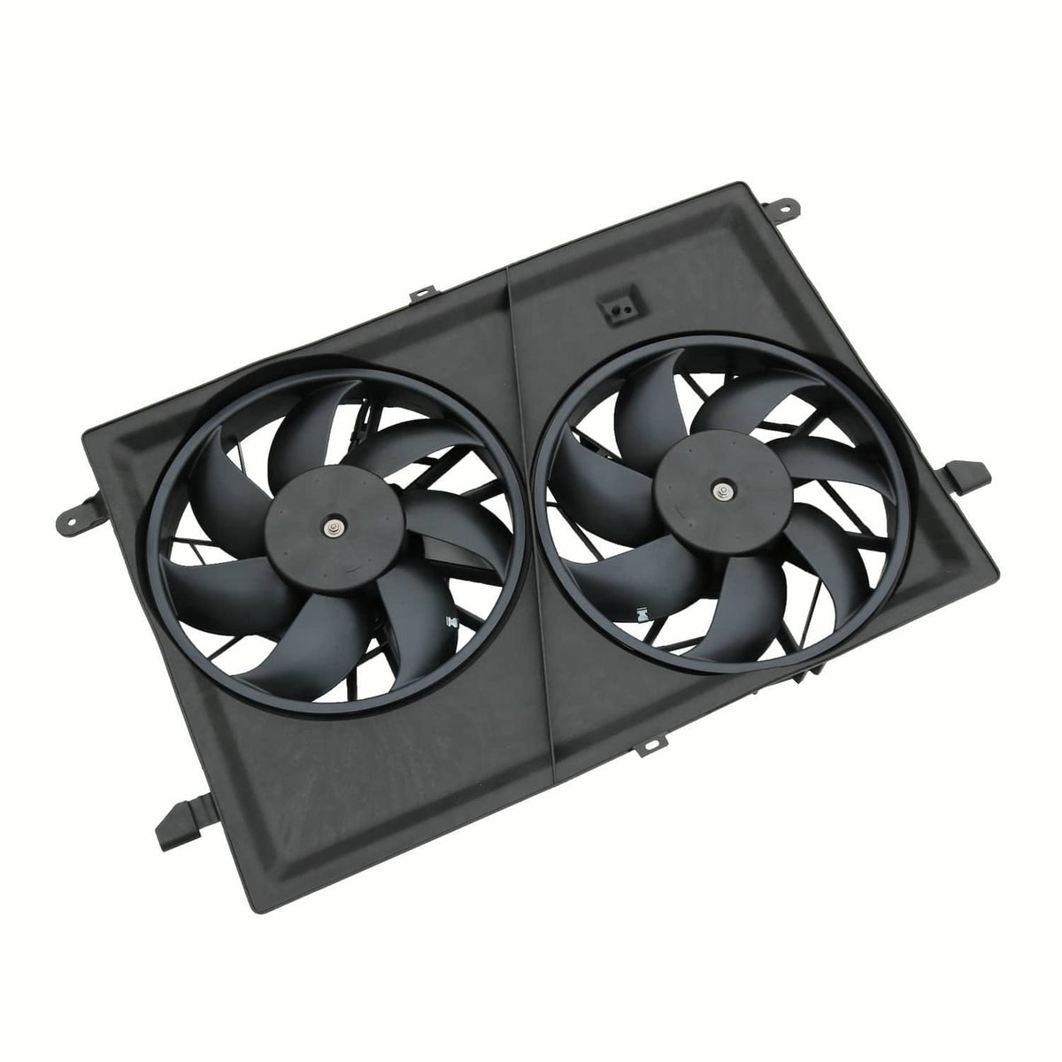 Dual radiator cooling fan assembly with two black fans in rectangular frame
