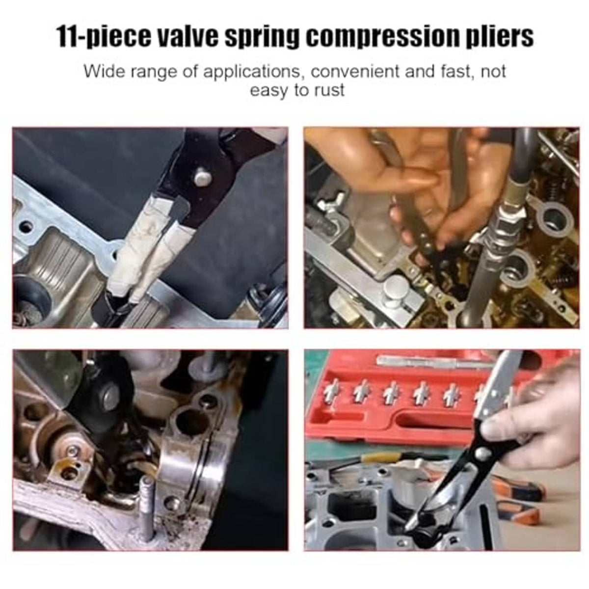 Valve spring compression pliers set with black lever handles and multiple tips