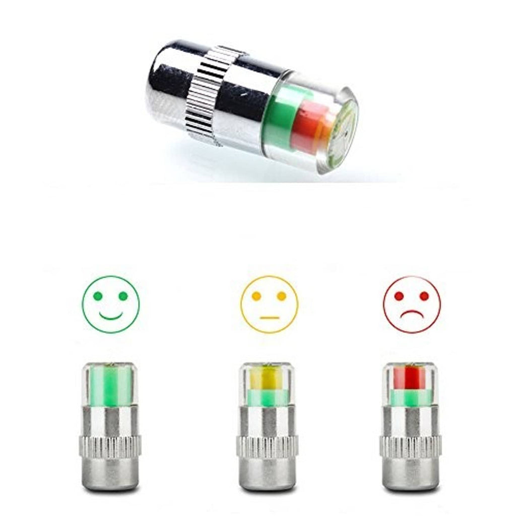 Tire valve stem cap with silver metal housing and multicolor indicator window