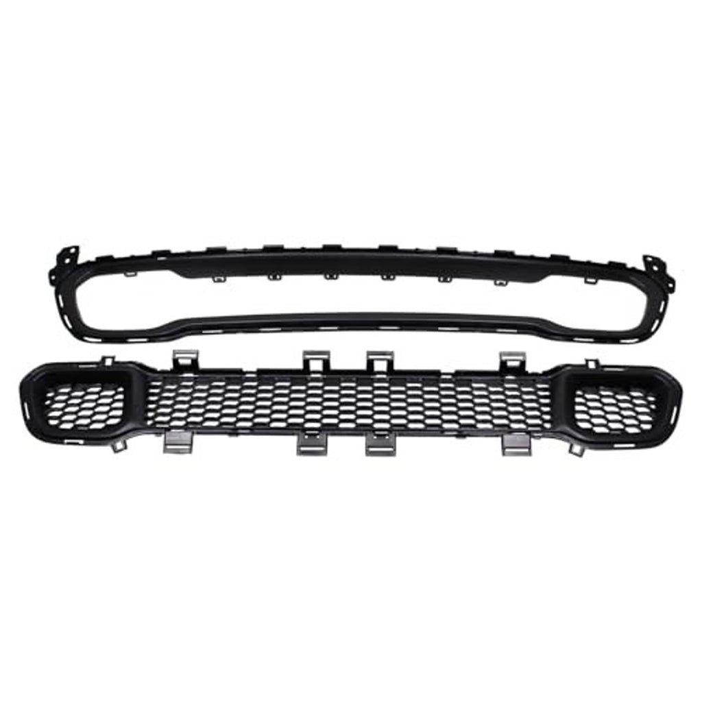 Black front grille assembly with honeycomb mesh insert and mesh side grilles