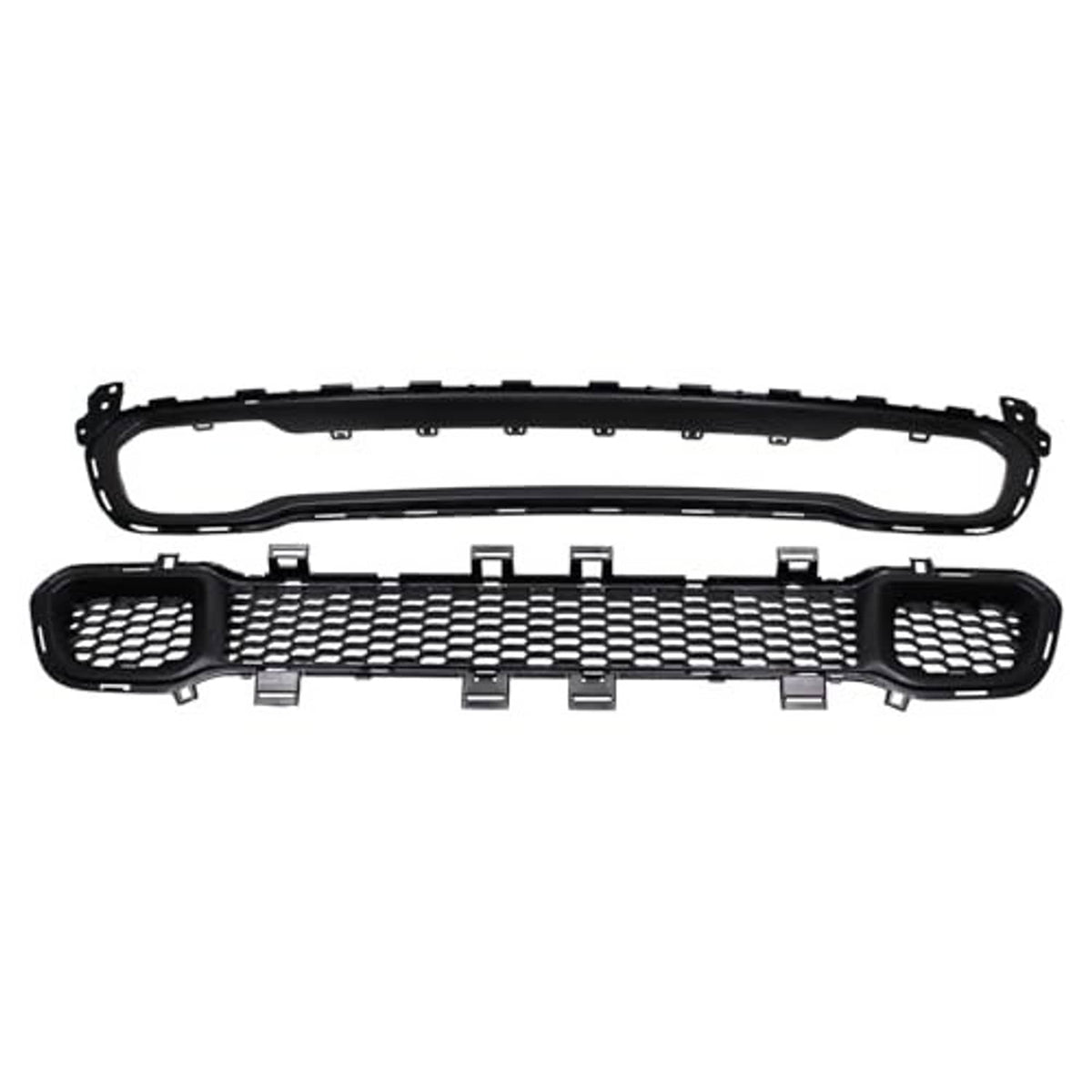 Black front grille assembly with honeycomb mesh insert and mesh side grilles