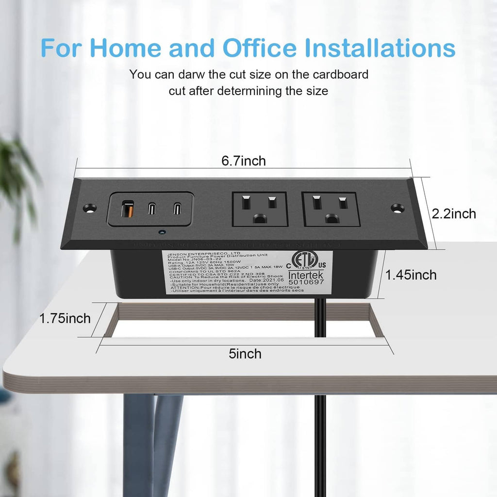 Recessed desk power strip with two AC outlets and two USB ports, side profile