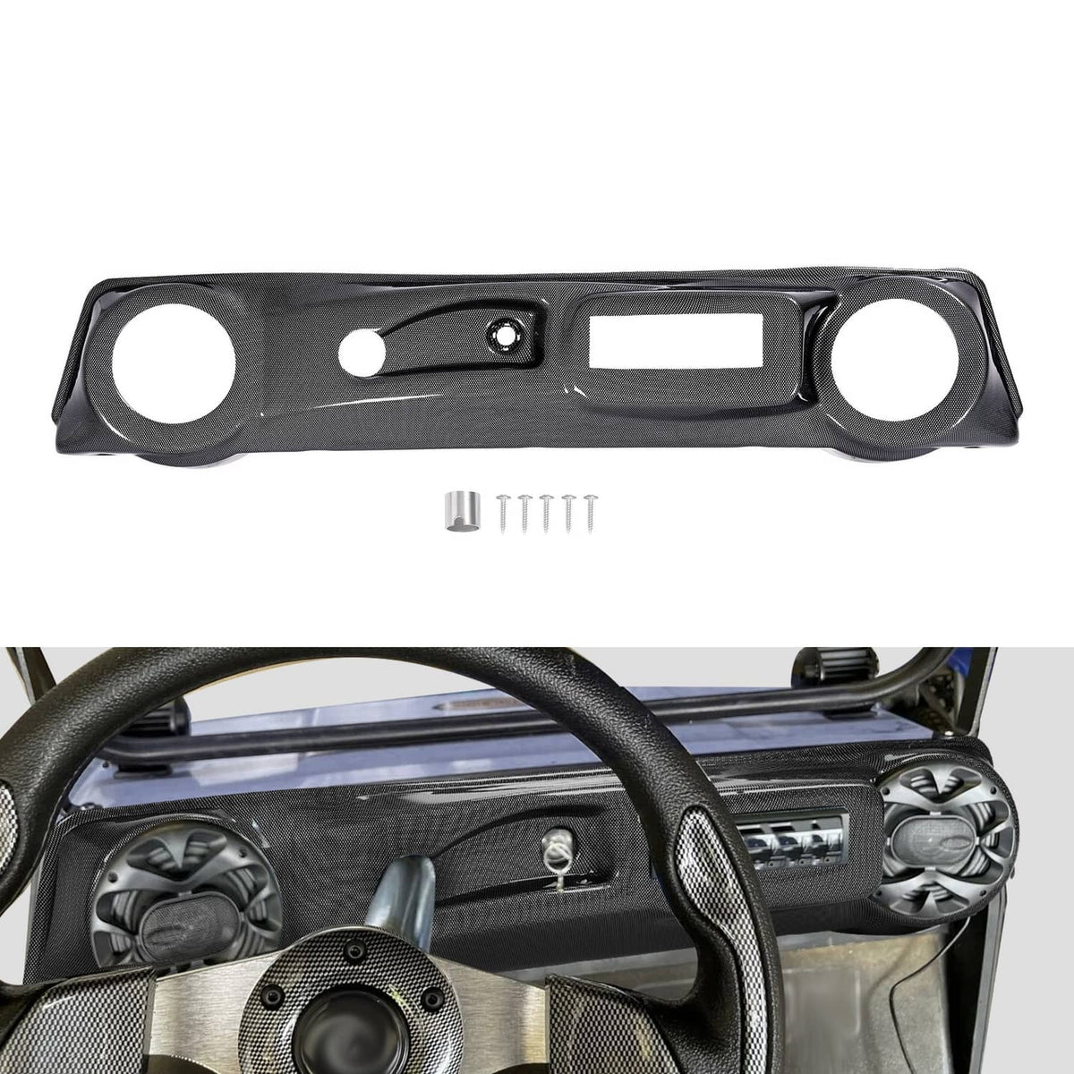 Golf cart dashboard cover, carbon fiber style black with gauge and switch cutouts
