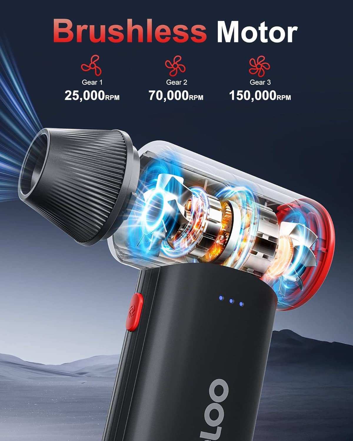 Handheld air duster showing internal fan and motor through clear window, black with red ring