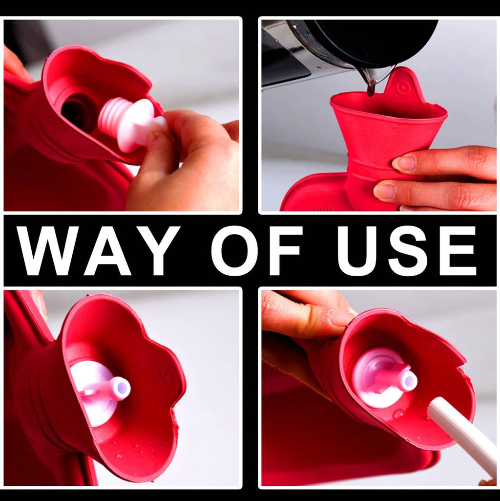 Red enema bag opening with white nozzle inserted and hose connector attached