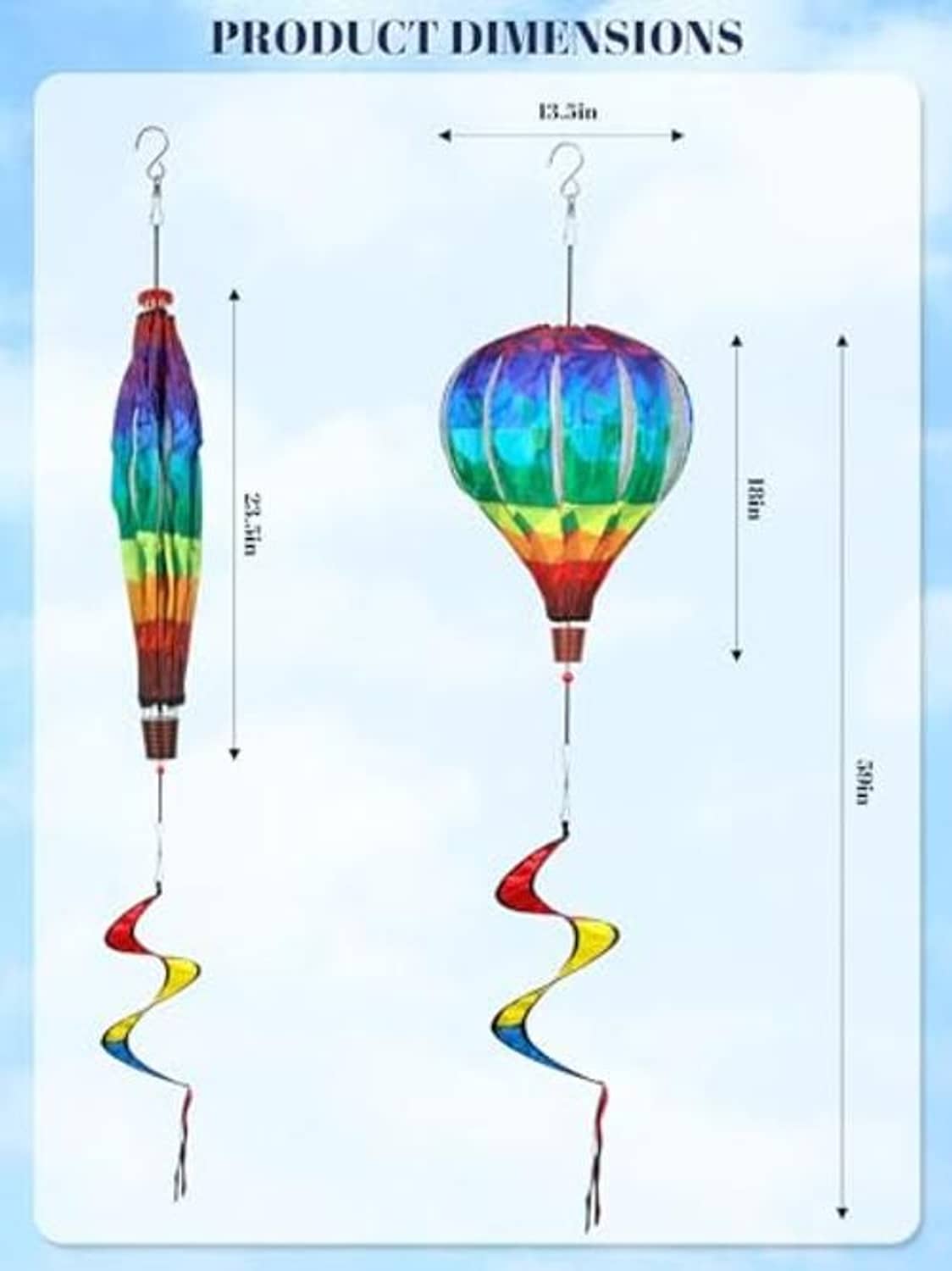 Rainbow hot air balloon wind spinner with hanging spiral tails and size diagram