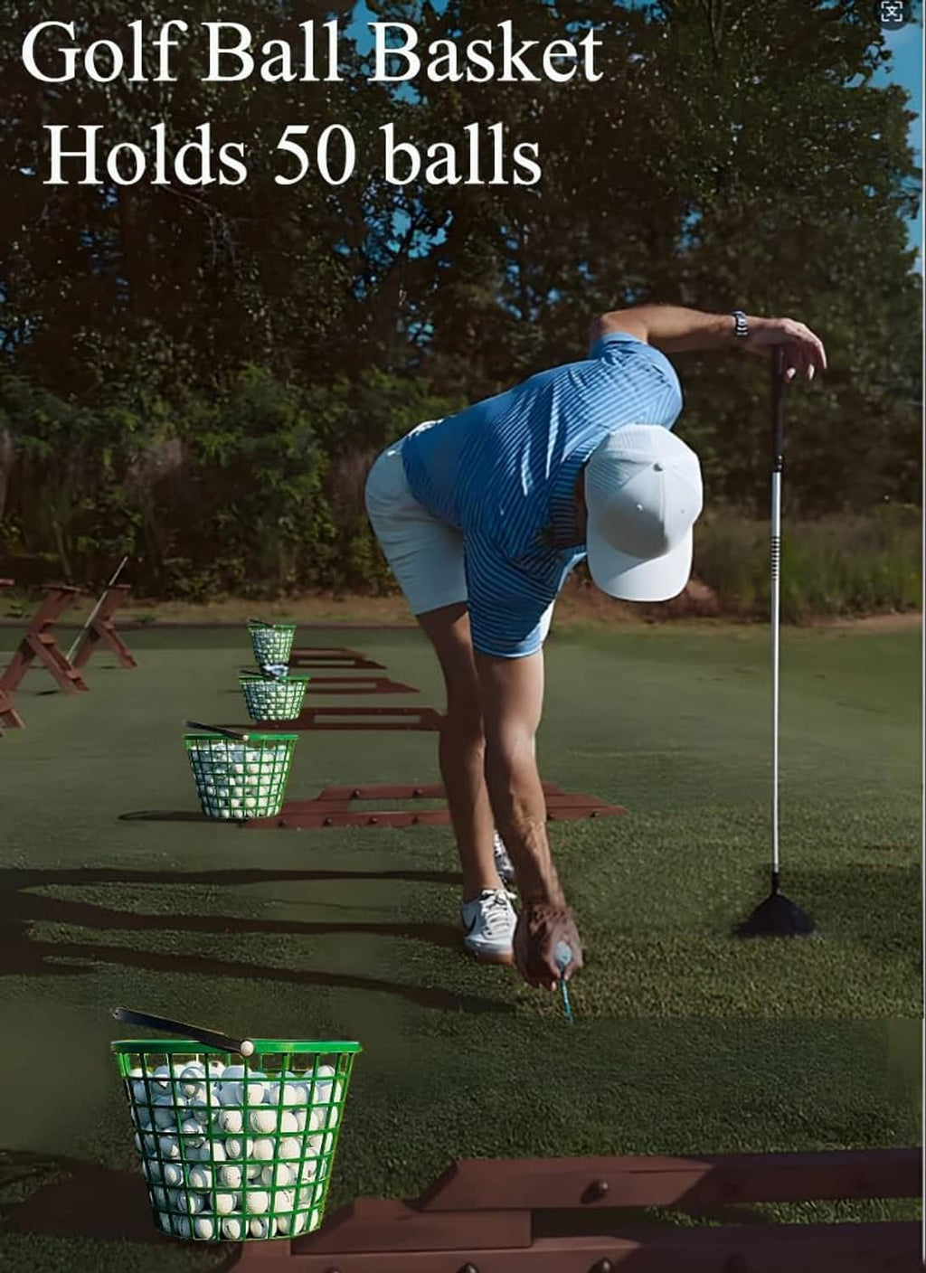 Green golf ball basket with carry handle on a tee area, holding golf balls
