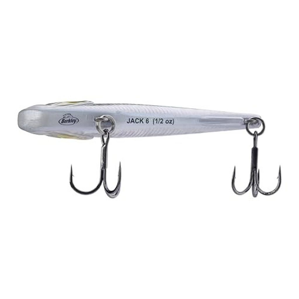 Berkley JACK 6 lure in silver with treble hooks; size 1/2 oz shown on body