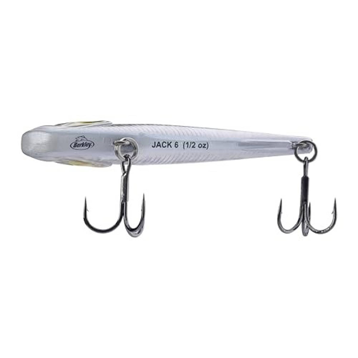 Berkley JACK 6 lure in silver with treble hooks; size 1/2 oz shown on body