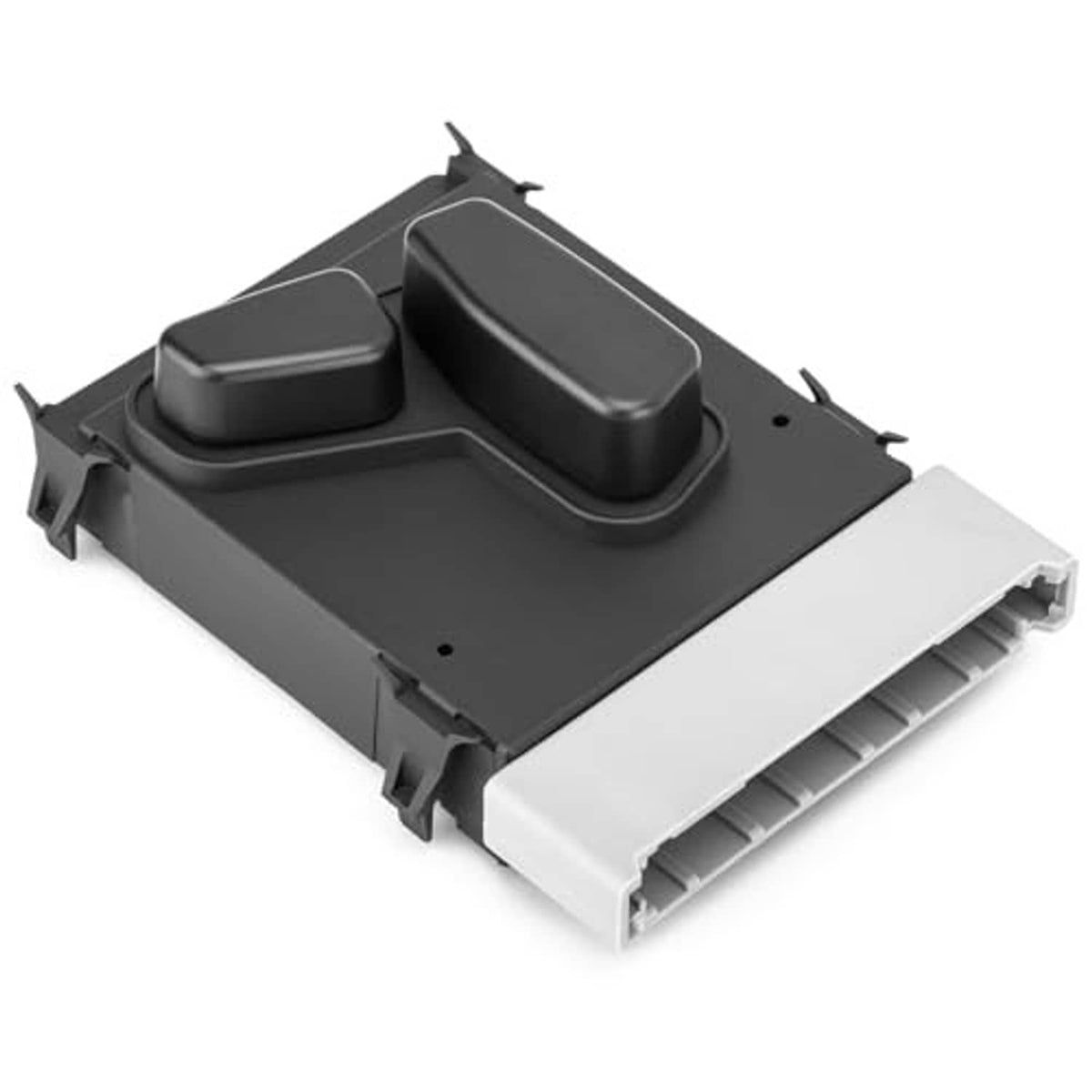 Power seat control switch module angled view with two dark buttons and white connector