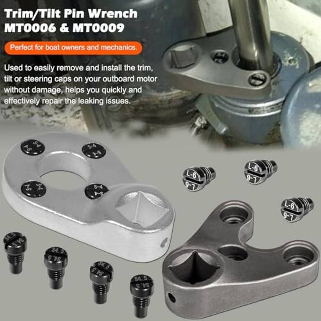 Outboard trim tilt pin wrench set with silver wrench pieces and black threaded pin caps