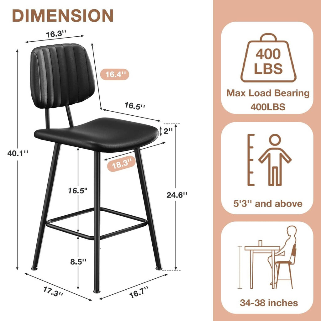 Black counter-height bar stool with tufted padded back and seat, steel legs, footrest.