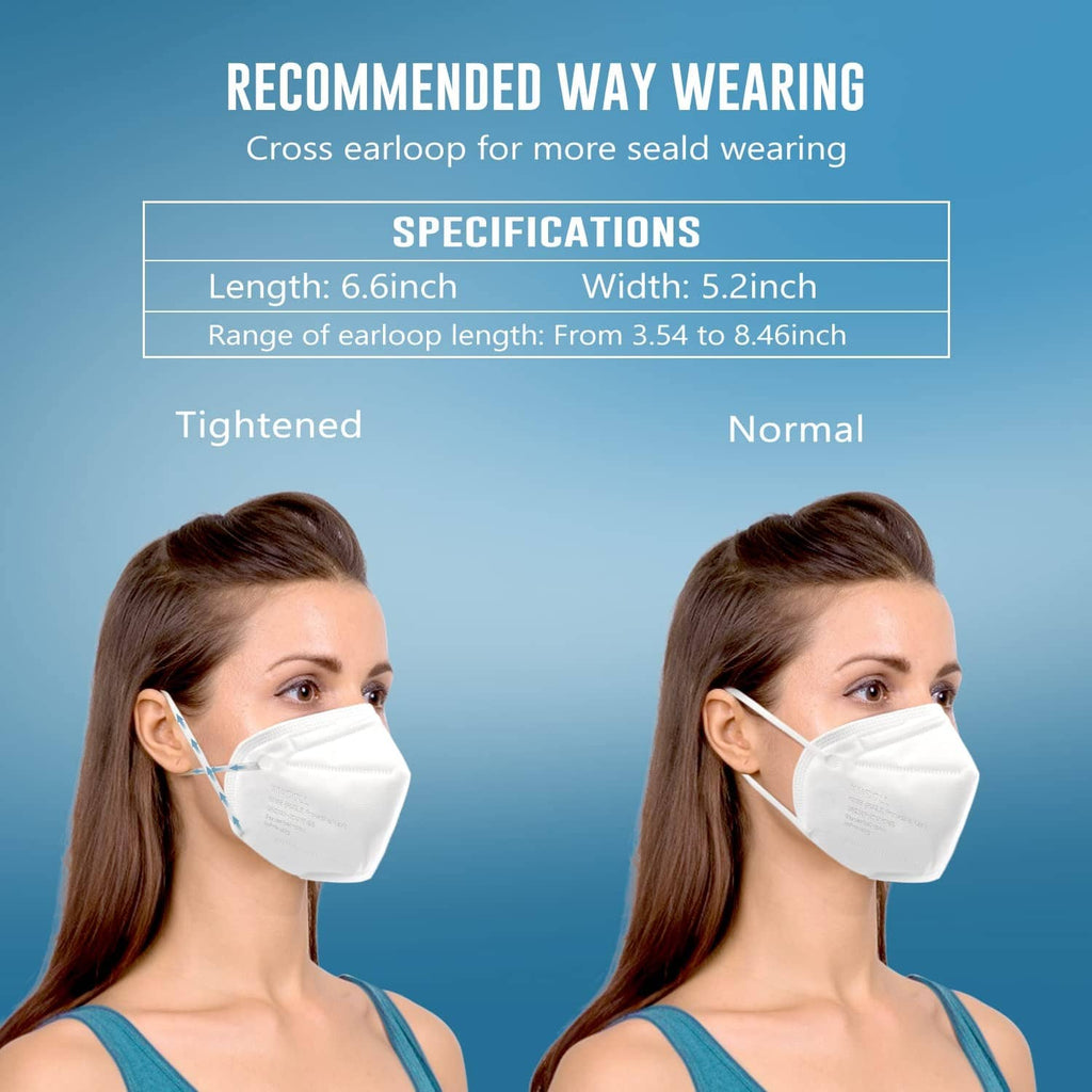 White KN95-style face mask on model face, cross earloops