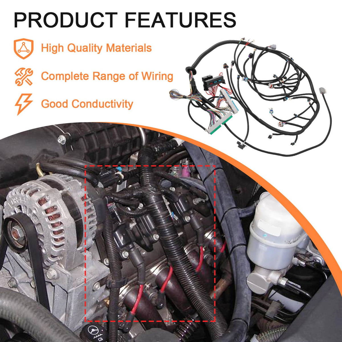 Installed wiring harness near engine components with bundled black wire looms