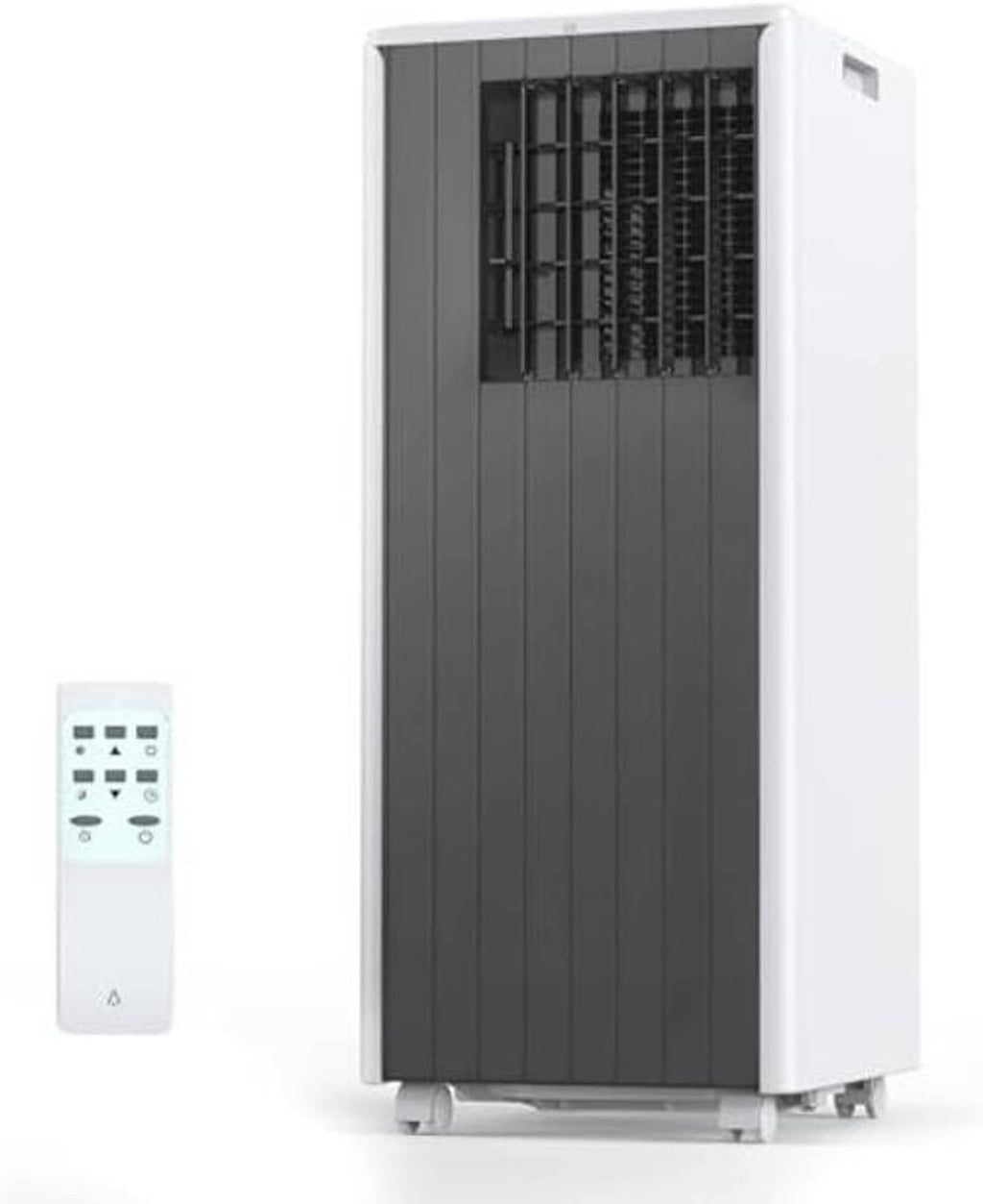 Portable air conditioner with white body and dark front grille, angled front view.