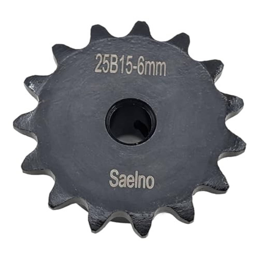 Black 15-tooth roller chain sprocket, center 6mm bore, Saelno marking on face
