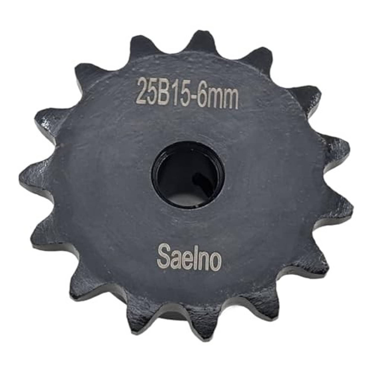 Black 15-tooth roller chain sprocket, center 6mm bore, Saelno marking on face