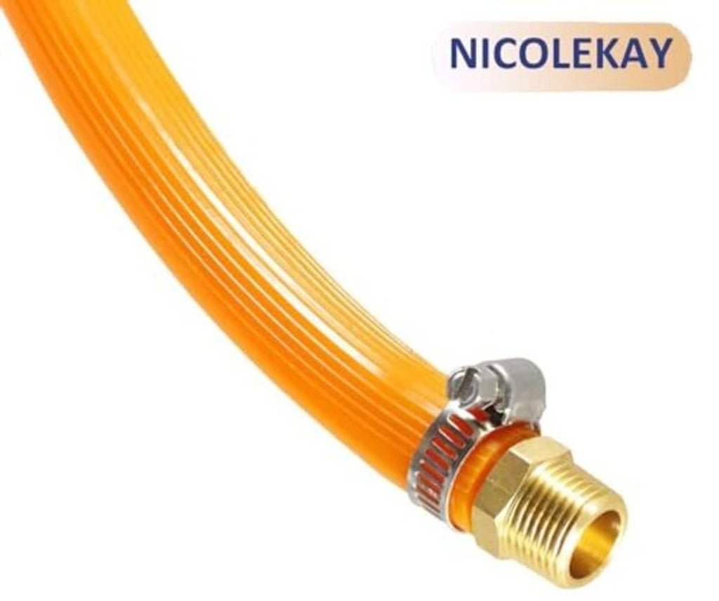 Brass 1/4" hose barb fitting with orange flexible hose and metal clamp