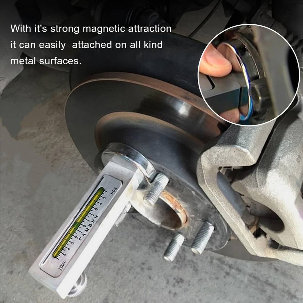 Magnetic gauge tool on a metal surface, showing green scale vial and measurement window