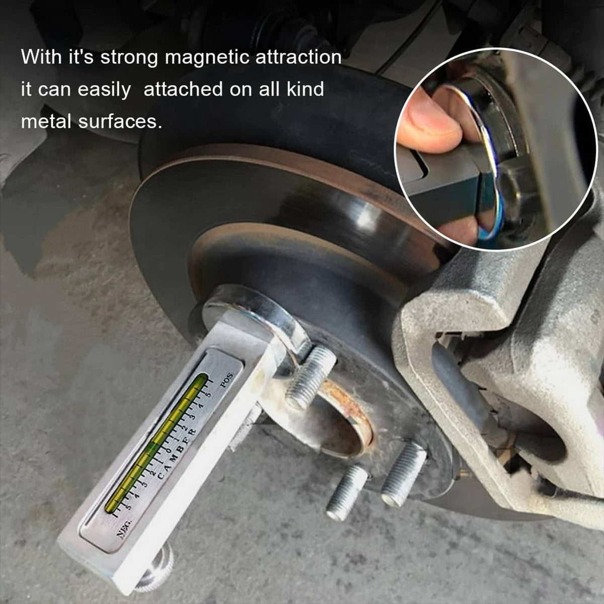 Magnetic gauge tool on a metal surface, showing green scale vial and measurement window