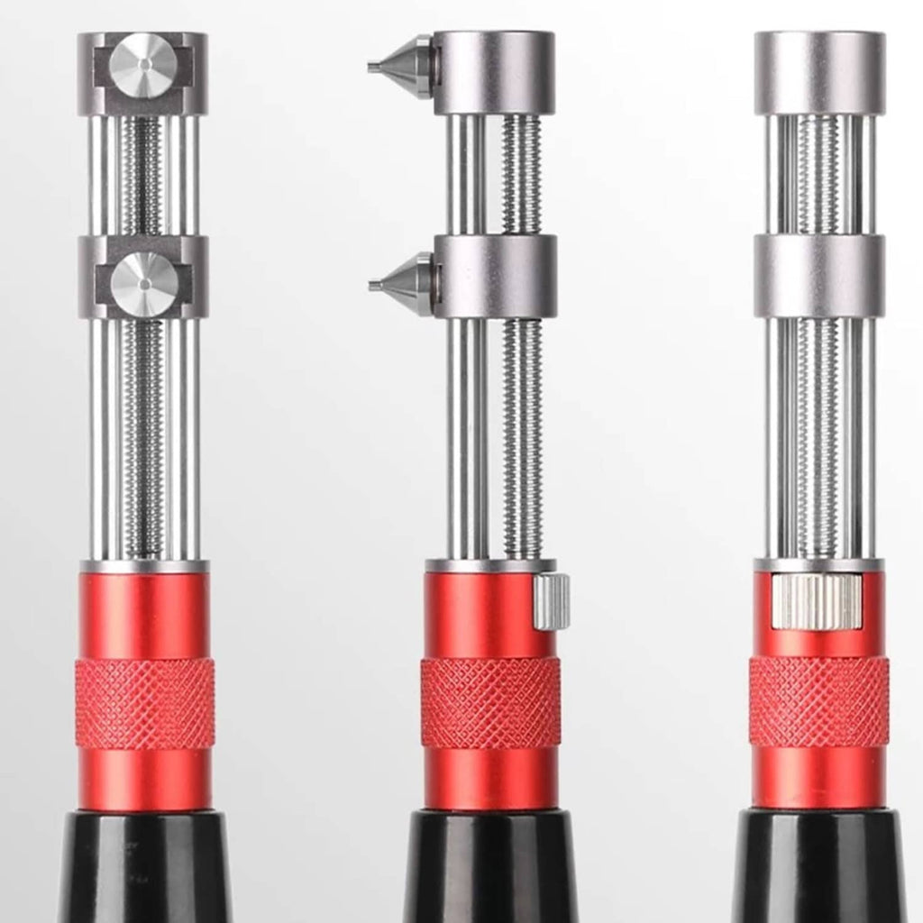 Set of adjustable watch back opener tools showing different angles, steel jaws, red grip