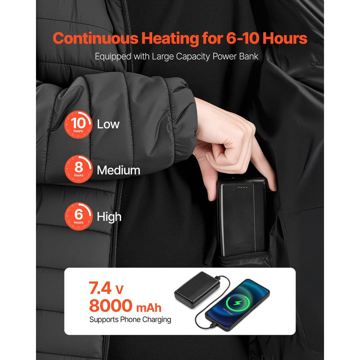 Black heated men’s puffer jacket with front panel quilting and battery pack in pocket