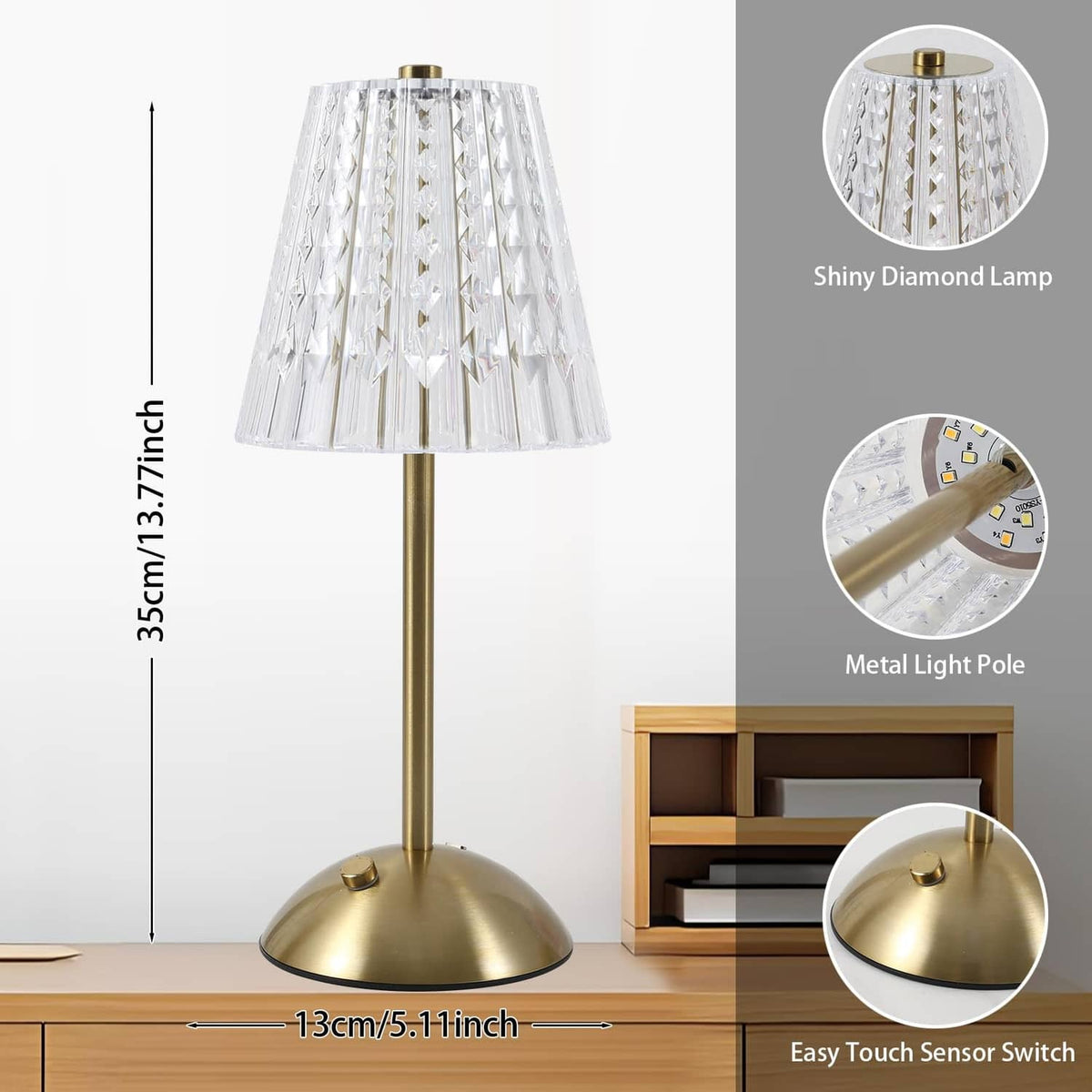 Gold base table lamp with clear crystal shade, tall cordless LED design
