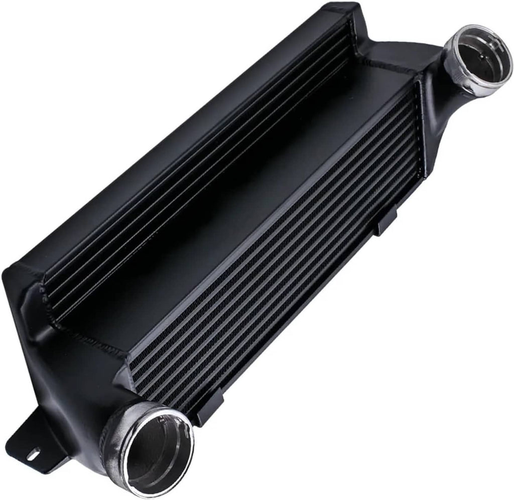 Front-mount intercooler kit with black core and silver inlet/outlet pipes