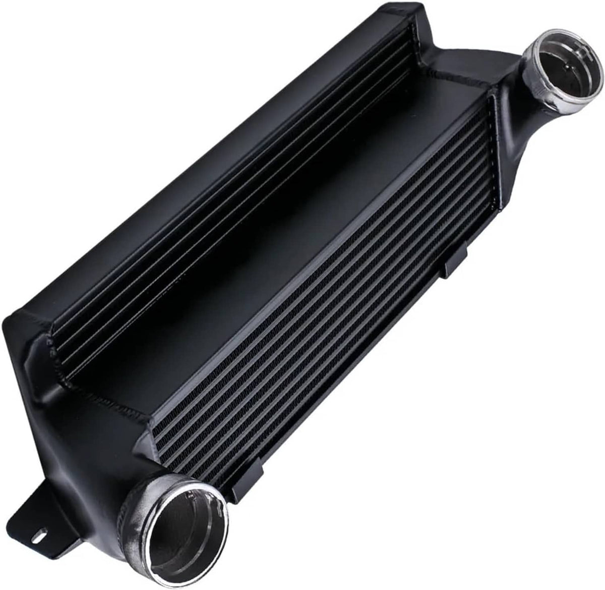 Front-mount intercooler kit with black core and silver inlet/outlet pipes