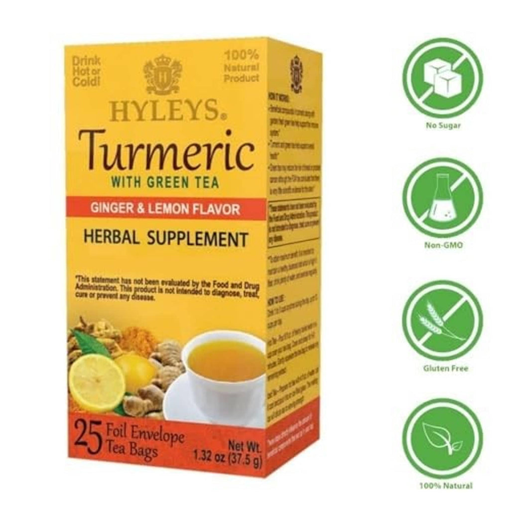 Turmeric green tea herbal supplement tea bag box with no sugar, non-GMO, gluten-free badges
