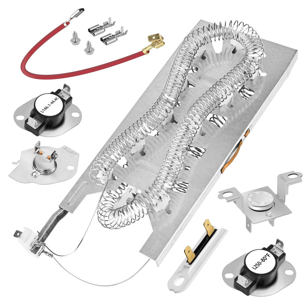 Dryer heating element assembly with coiled wire, brackets, and mounting parts