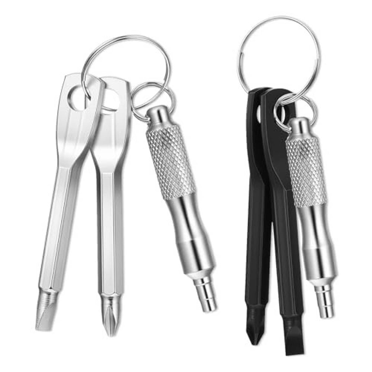 Valve stem remover tools with keychain screwdriver, silver and black handles with key rings