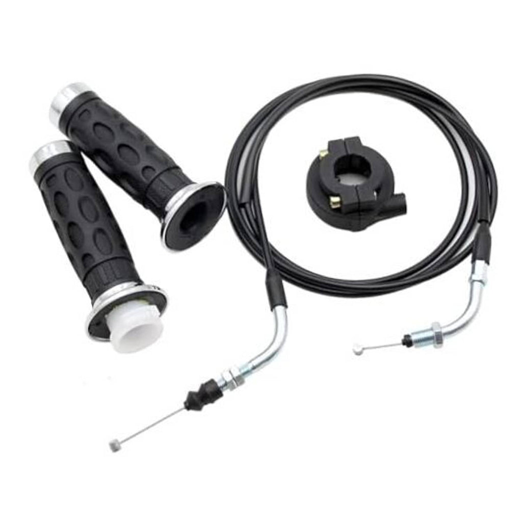 Throttle grip cable assembly with black twist grips, silver ends, and control cable leads