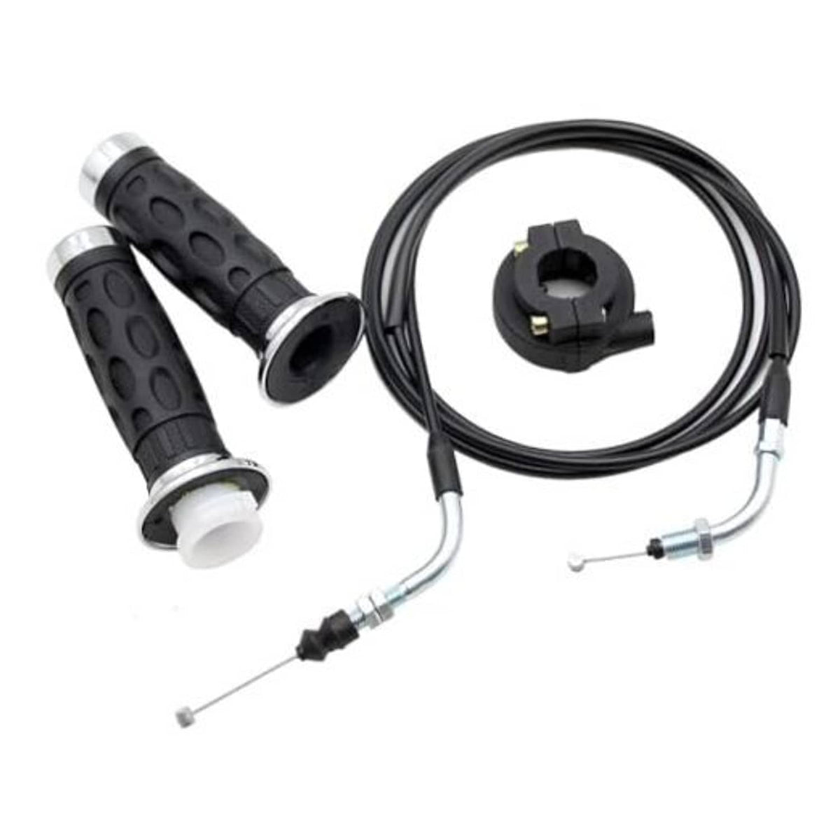 Throttle grip cable assembly with black twist grips, silver ends, and control cable leads