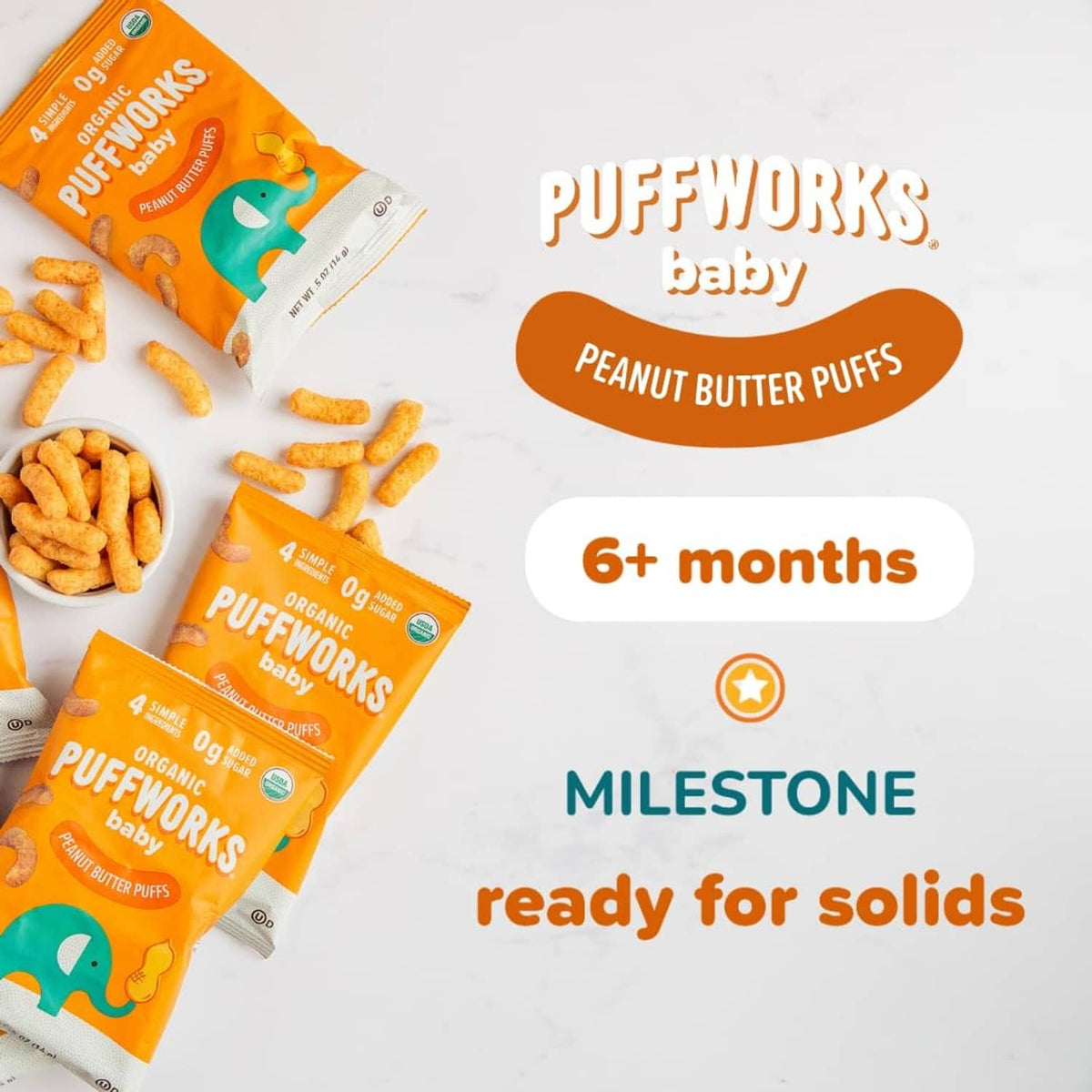 Organic baby peanut butter puff snack pouches, 6+ months, ready for solids