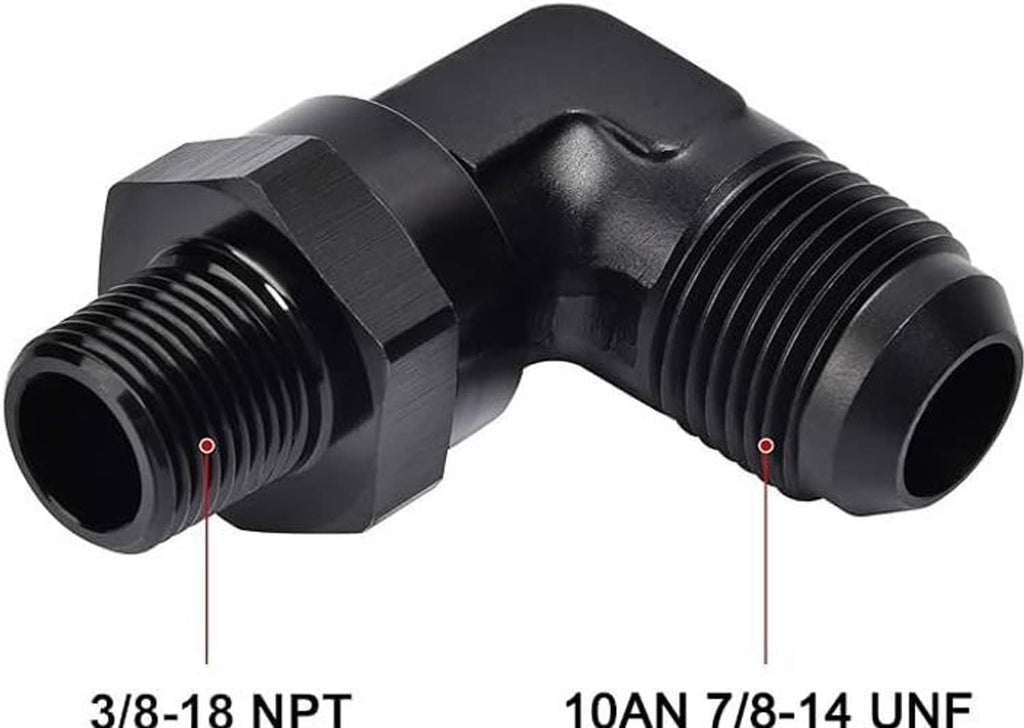 Black swivel adapter with 10AN and 3/8-18 NPT thread ports, angled connector