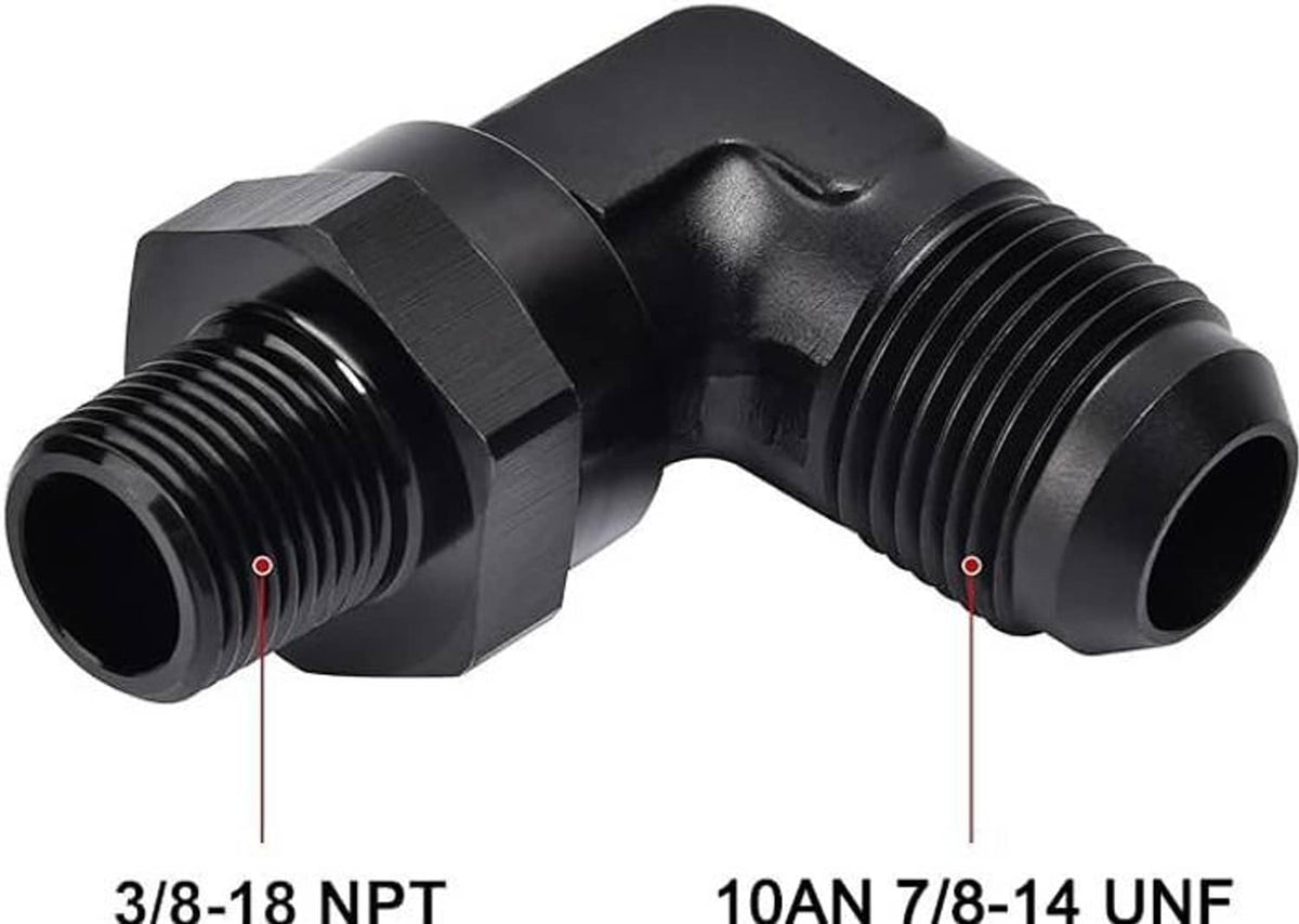 Black swivel adapter with 10AN and 3/8-18 NPT thread ports, angled connector