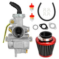 Carburetor kit with carburetor body, red air filter, hoses, gaskets, and fittings.