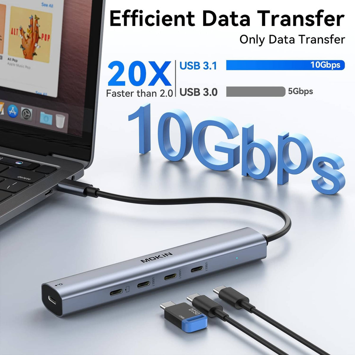 USB-C hub connected to a laptop with several ports along the side