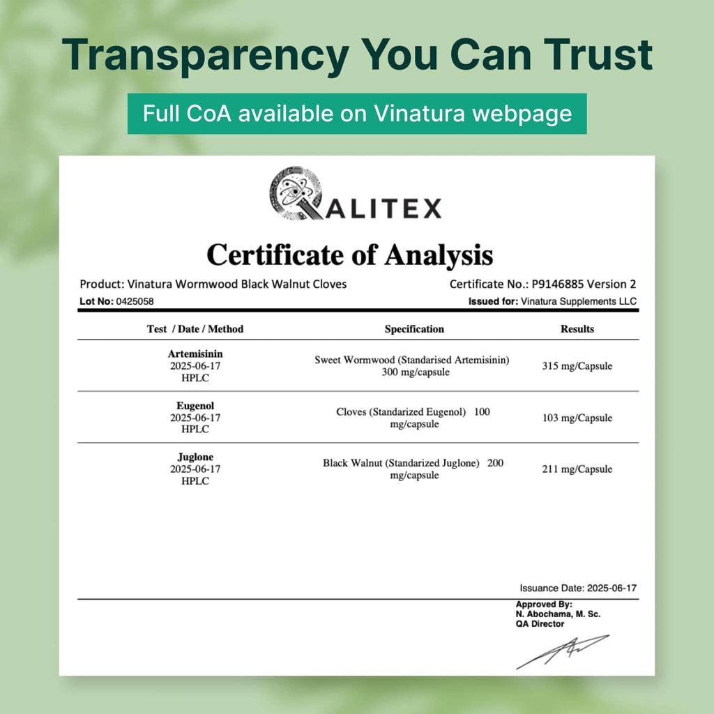 Printed Certificate of Analysis document from ALITEX for VINATURA wormwood black walnut clove